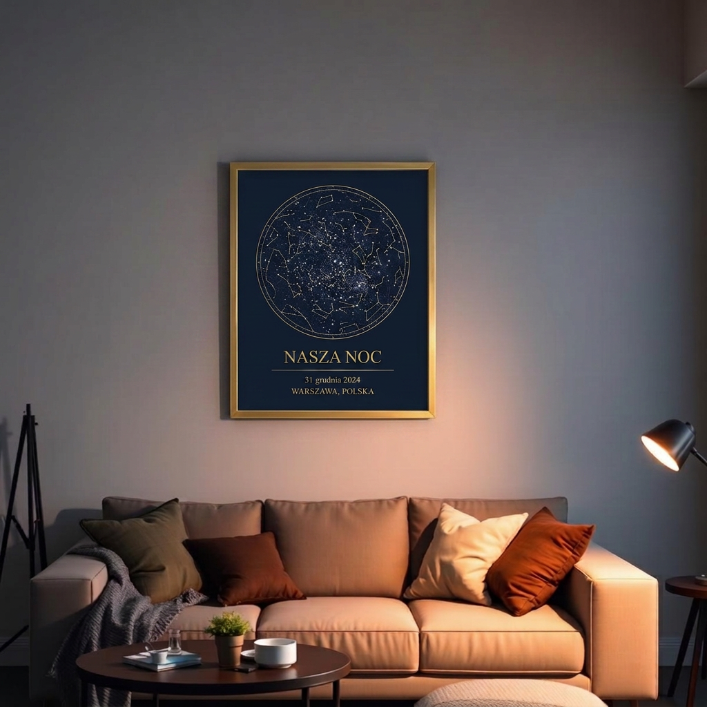 Plakat mapy nieba w ramce nad kanapą